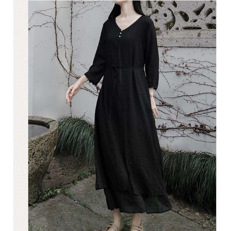 Johnature Woman Autumn Solid Color V-Neck Retro Dress Loose Chinese Style Casual Vintage Style Dress