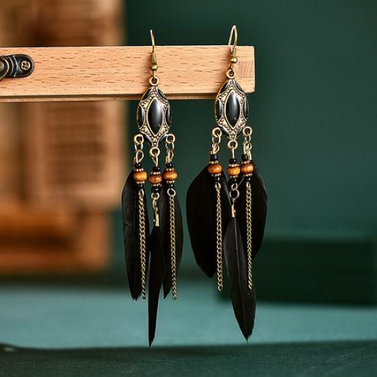 Bohemia Tassel Feather Drop Dangle Earrings Ear Hook Womens Wedding Jewelry Gift