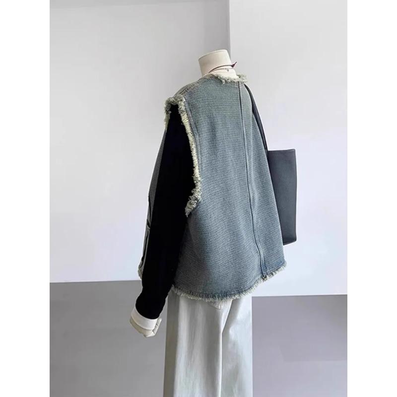Retro Raw Edge Denim Vest Jacket New Trendy Style Loose Sleeveless Waistcoat Vest