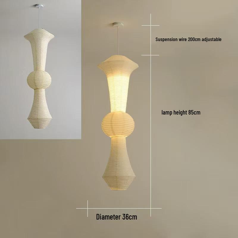 Japanese Wabi-sabi Style Isamu Noguchi Xuan Paper Long Vintage Chandelier for Aisles, Staircases, and Loft Window Displays.