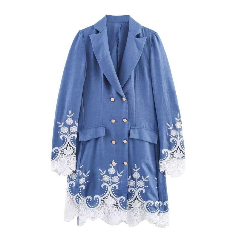 

Kaslead New Women clothes Western Style Simple Hollow Embroidered Suit Collar Double Breasted Dress Blue L