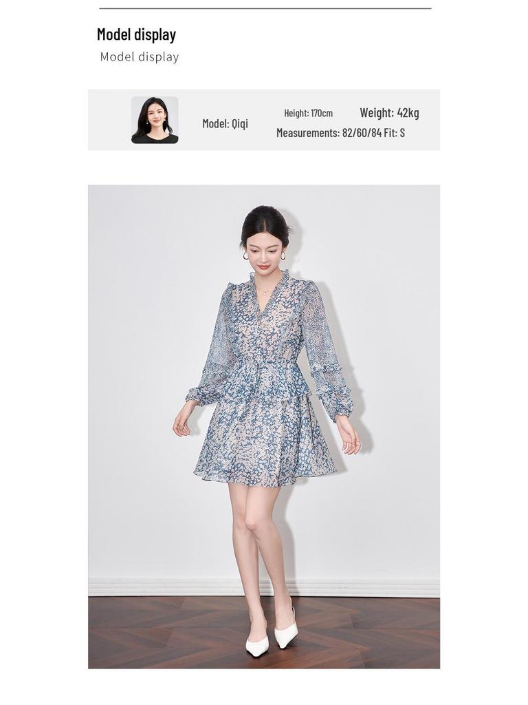 High-Quality French Waist-Slimming Double Crepe Chiffon Dress for Women - Summer Style