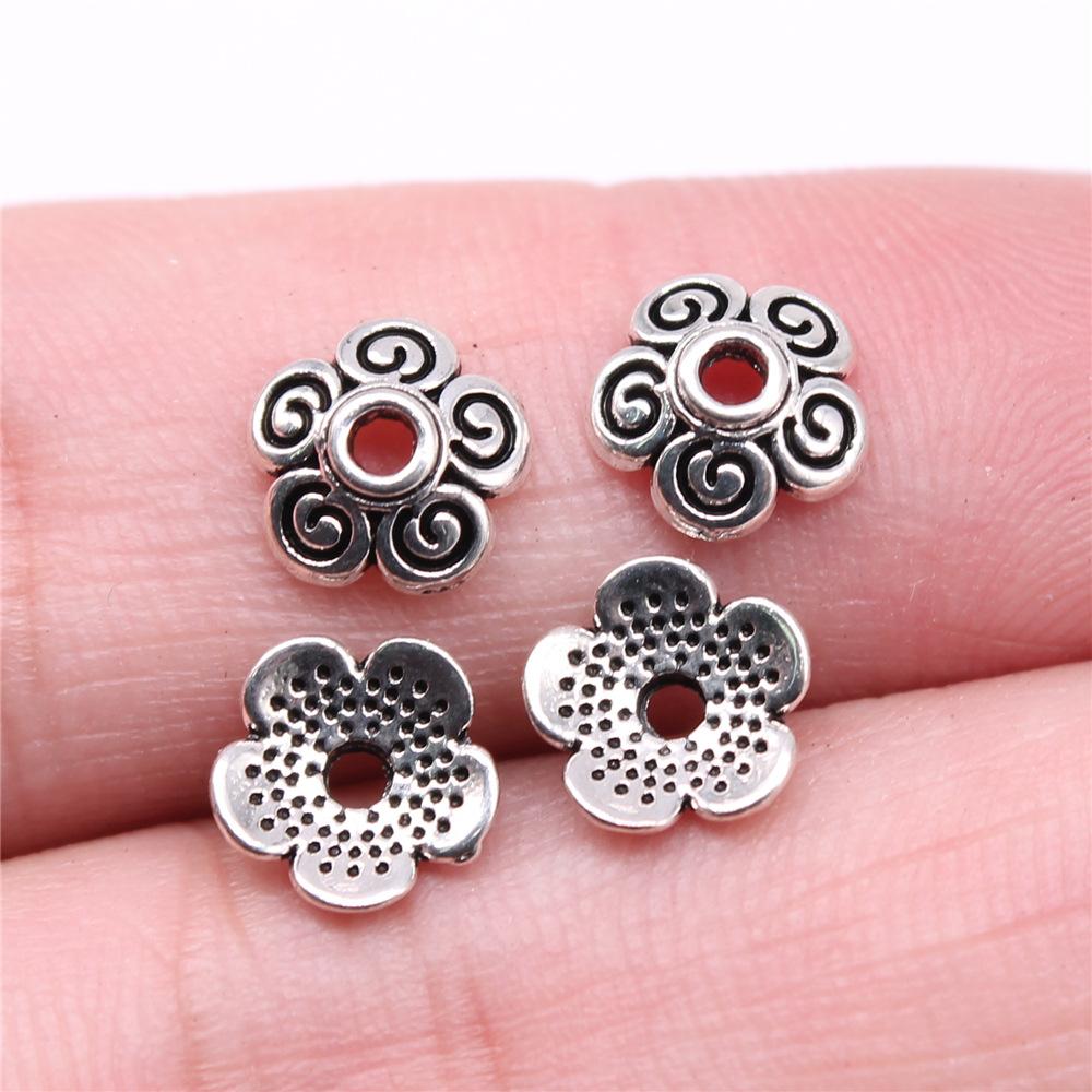 50pcs Tibetan Antique Silver Color Flower Bead End Caps For Jewelry Making Findings Needlework DIY Accessories Wholesale