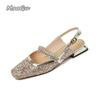 Fashion French Rhinestone Strap Sequins Women Square Toe Shoes Mary Jane's Sandals Thick Low Heel Pumps Slingback Women Sandals Size39