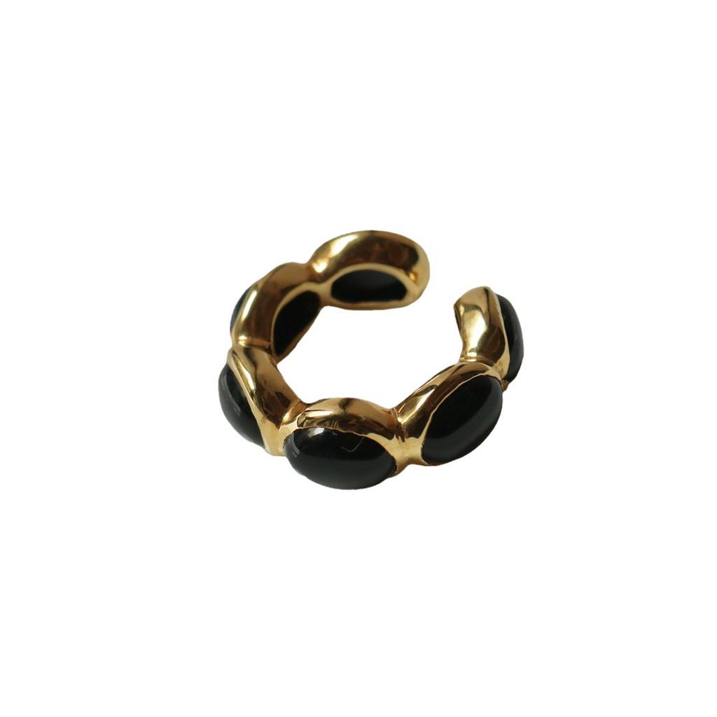 Niche Design Brass Plated 18K Real Gold Inlaid Black Agate Dual-Purpose Earclip Ring, Unique Fashion Ring