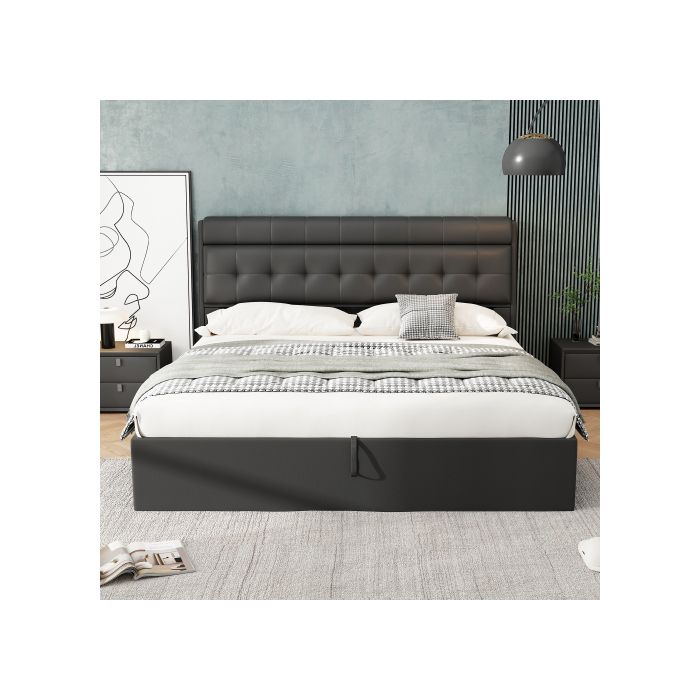 Fashion Upholstered Bed, 180*200, Hydraulic Bed, Hidden Headboard Storage, Mattress Not Included, Black