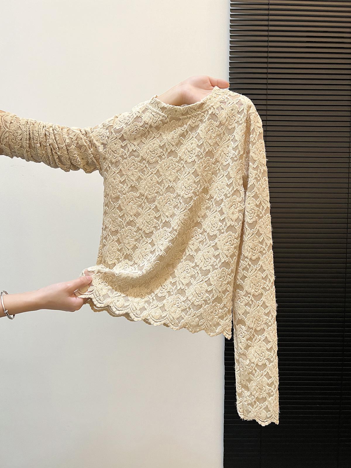 

Chic Retro Hong Kong Lace Crochet Long Sleeve Top - Early Spring Design Small хаки