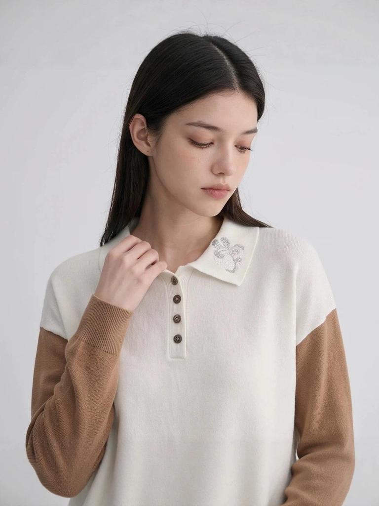 MU Women's Color Block Polo Neck Embroidery Knit Sweater - Long Sleeve, Autumn/Winter, Simple & Elegant.