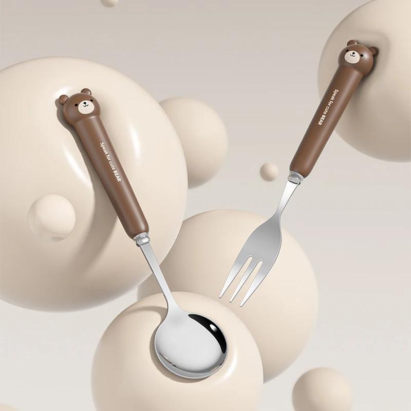 Cartoon Bear Cutlery Set with Case Stainless Steel Kids Fork Spoon Portable Cutlery Set Travel Tableware Reusable Flatware