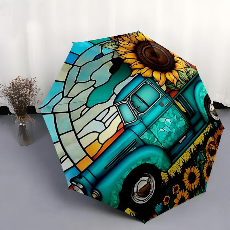1pc Stained Glass Sunflower Pickup Truck Auto Open Close Umbrella - Portable 3-Fold Design with 8-Rib Iron Frame - Outdoor Umbrella - Ideal Gift for F