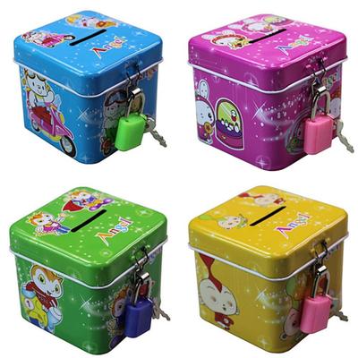 With Lock and Key Tinplate Piggy Bank Cartoon Print Design High Capacity Coin Savings Box Iron Art Cute Kids Storage Jar