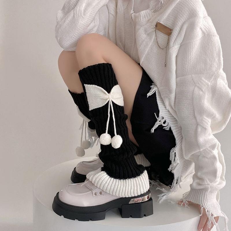 Fashionable Women's Leg Warmers Ribbed Socks Elastic Lace Trim with Cute Bows and Fuzzy Ball Winter Accessories