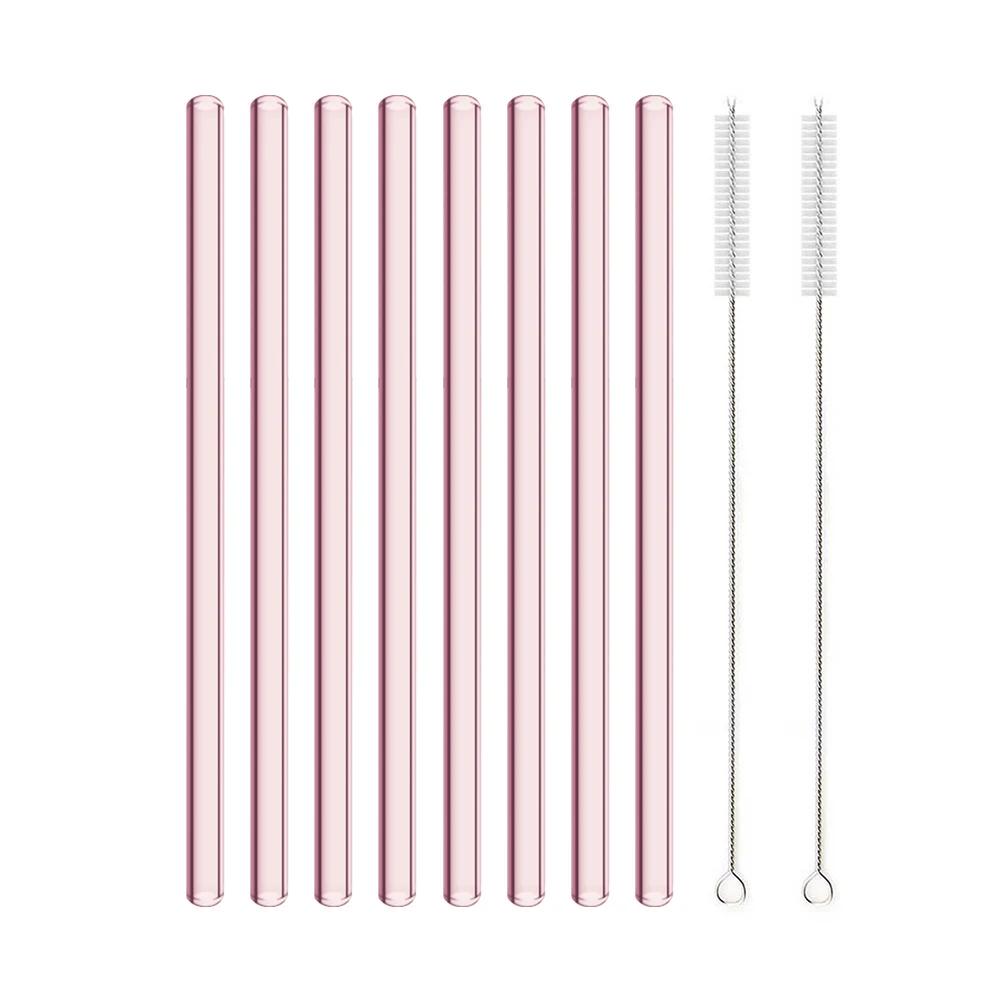 3/5/10/11Pcs Reusable Glass Straws Pink Glass Drinking Straws 8mm Tubes Juice Smoothie Tea Straws Glasses Straw Set for Drink