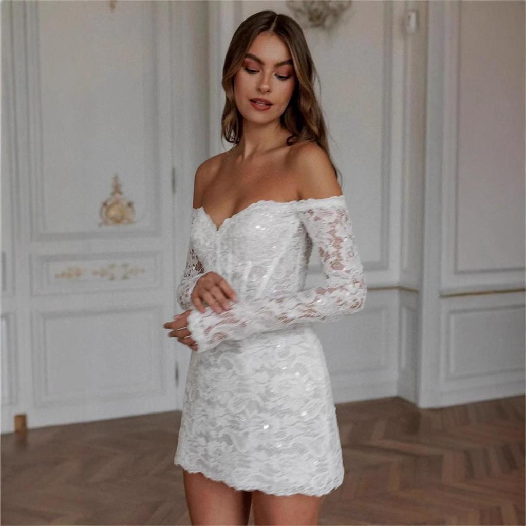 Sexy Weg Von Der Schulter Lange Ärmel Volle Spitze Applique Kurz/Mini Hochzeit Kleider Nach Maß Formale Braut Gewachsen 2024 Vestido De