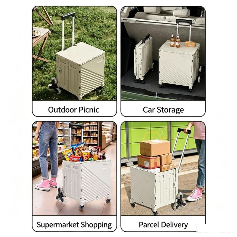 Foldable Shopping Cart with Lid Plastic Storage Box Utility Wagon with Adjustable Handle Rolling Wheel Basket for Outdoor Travel