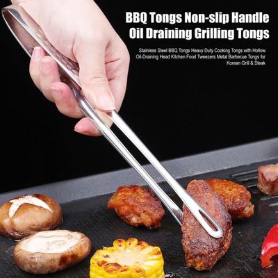 Stainless Steel BBQ Tongs Heavy Duty Cooking Tongs with Hollow Oil-Draining Head Kitchen Food Tweezers Metal Barbecue Tongs for Korean Grill & Steak