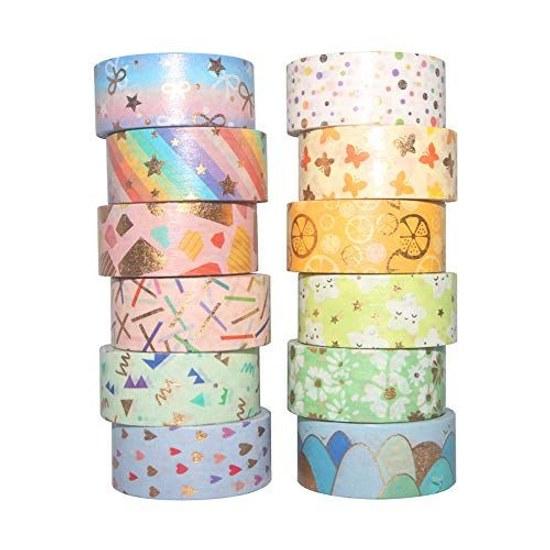 YUBBAEX Spring Fragrance Cute Masking Tape Gold Foil 15mm Width Set 12 Rolls Thin Suitable Gift Wrapping DIY Crafts Notebook Decoration (Spring Rolls)