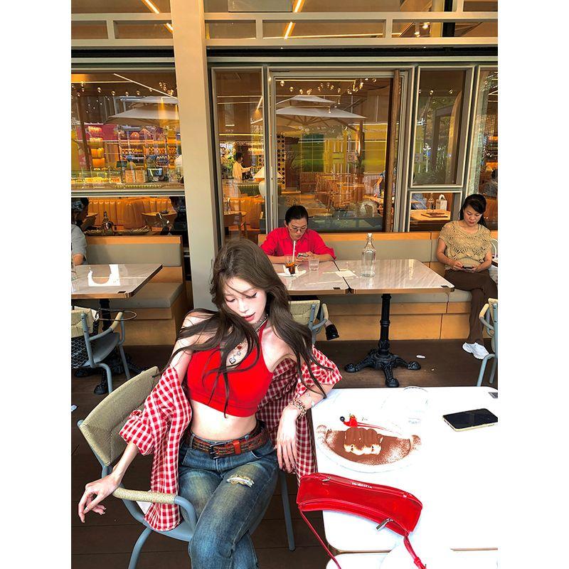 

Kumikumi Stylish Red Gingham Long Sleeves Sun Protection Shirt Women s Autumn Inner Vest Two-Piece Sling Red Vest One size
