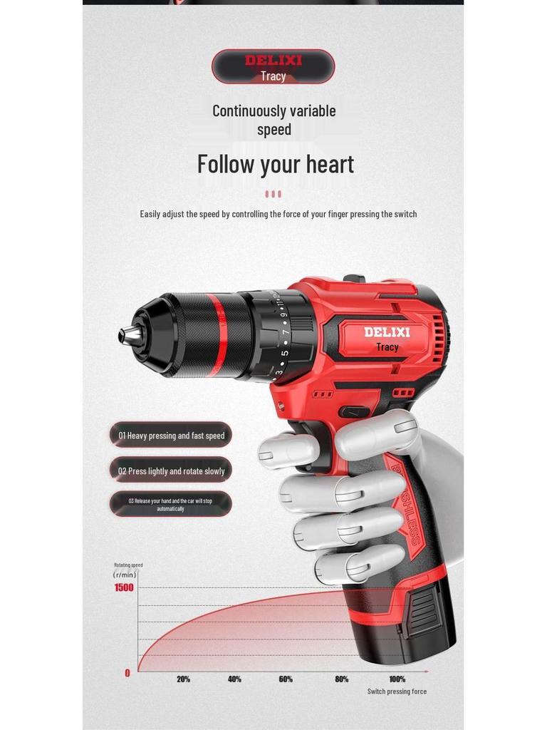 Delixi Cordless Brushless Handheld Drill, Rechargeable Multi-function Hammer Drill with Lithium Battery & Electric Screwdriver