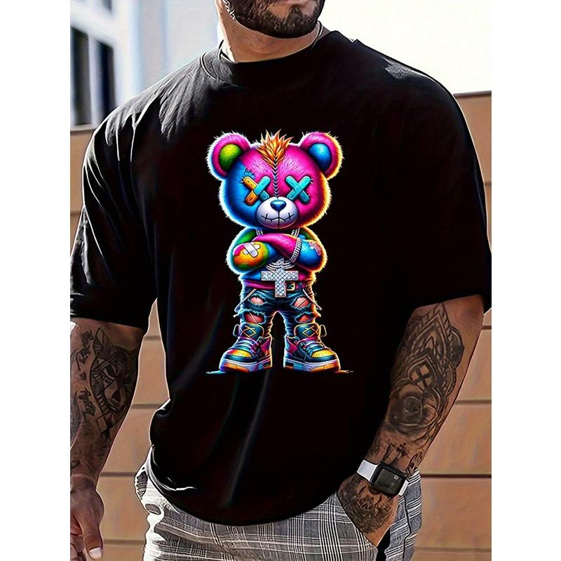 

European sizes Men S Relaxed Fit Cartoon Bear Graphic T-Shirt - Neon Glow-in-the-Dark Style Print, Breathable Short Sleeve Tee with Medium Elasticity 3XL чорний