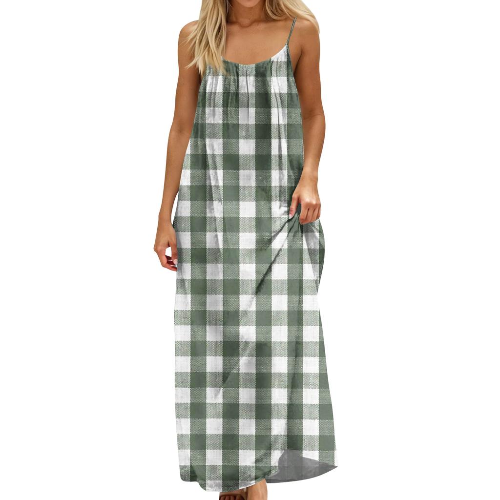 Women's Fashion Backless Spaghetti Strap Casual Loose-Fit Plaid Print Dress