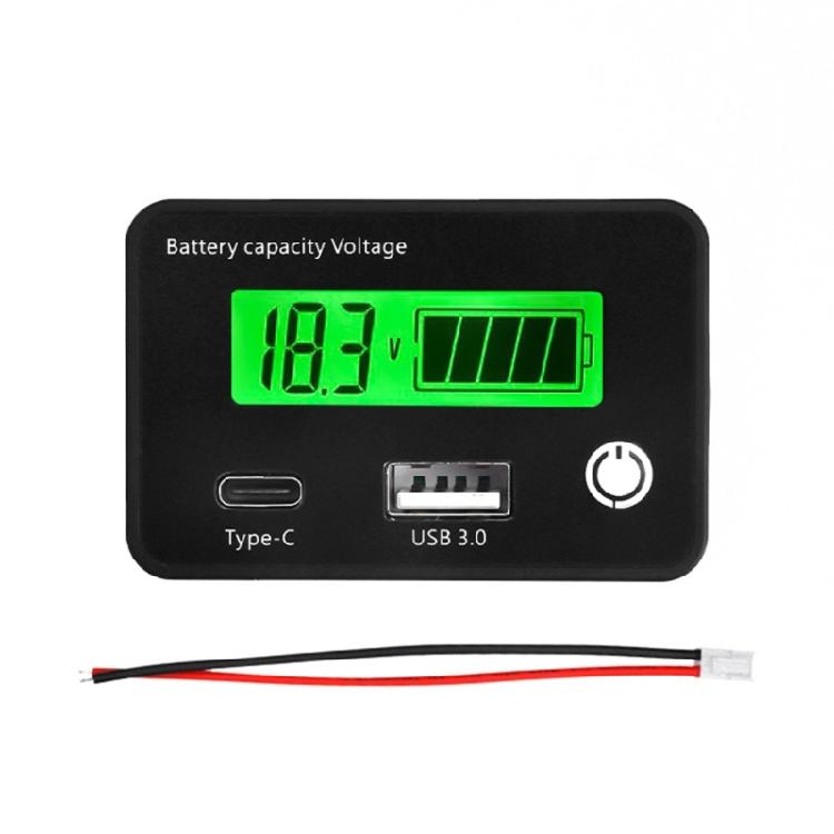 LCD Display Battery Power Monitor with  QC3.0 USB Type C Port for Electric Vehicle Solar Car Lithium Lead Acid Batteries