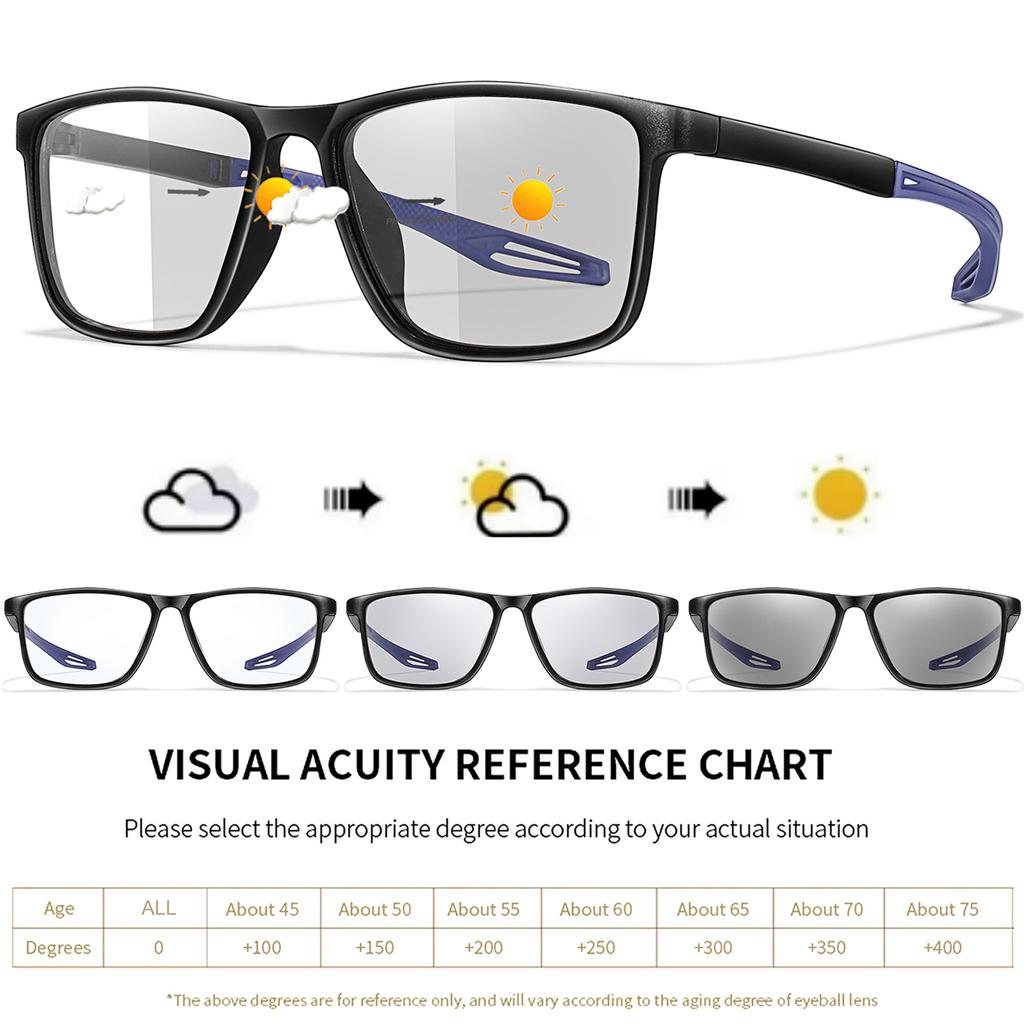 Unisex Photochromic Reading Glasses Classic Square Frame For Presbyopia Anti Blue Light Blocking Lightweight Eyewear
