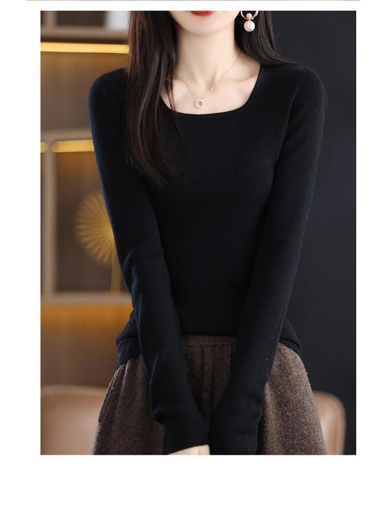 2025 Slim Fit Women's Square Neck 100% Wool Sweater - Thin U-neck Base Layer Top