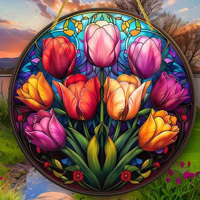 Mehrfarbige Tulpen aus Buntglas, Sonnenfänger aus Holz, rund, zum Aufhängen, für Zuhause und Garten, perfektes Geschenk zum Muttertag und Geburtstag