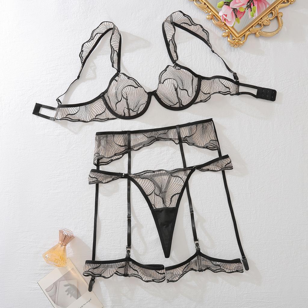 4pcs Sexy Ultra-thin Mesh Women'S Lingerie Set with French Hollow Lace Breathable Bra Thong Thigh-High Socks and Thigh Lace Trim