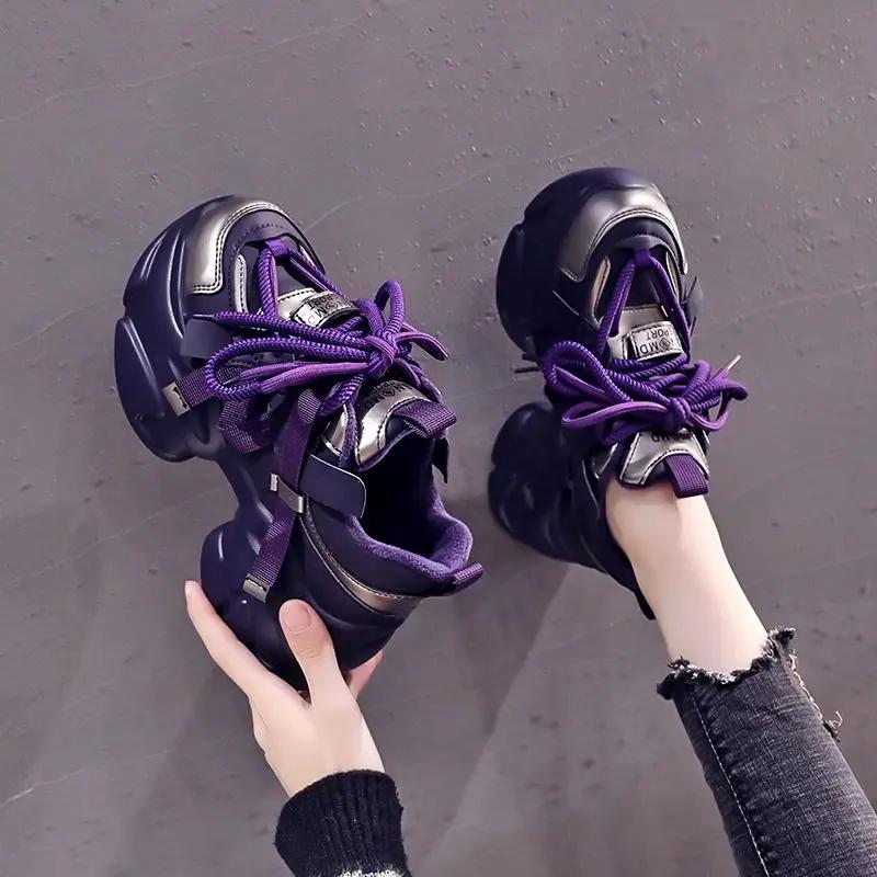 Fashion 8CM Winter Women Chunky Warm Fur Sneakers High Platform Sports Dad Shoes Woman Bling Leather Casual Snow Shoes Zapatillas Mujer