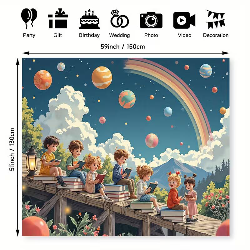 2D Children Reading Books Space Rainbow Background for Photoshoot