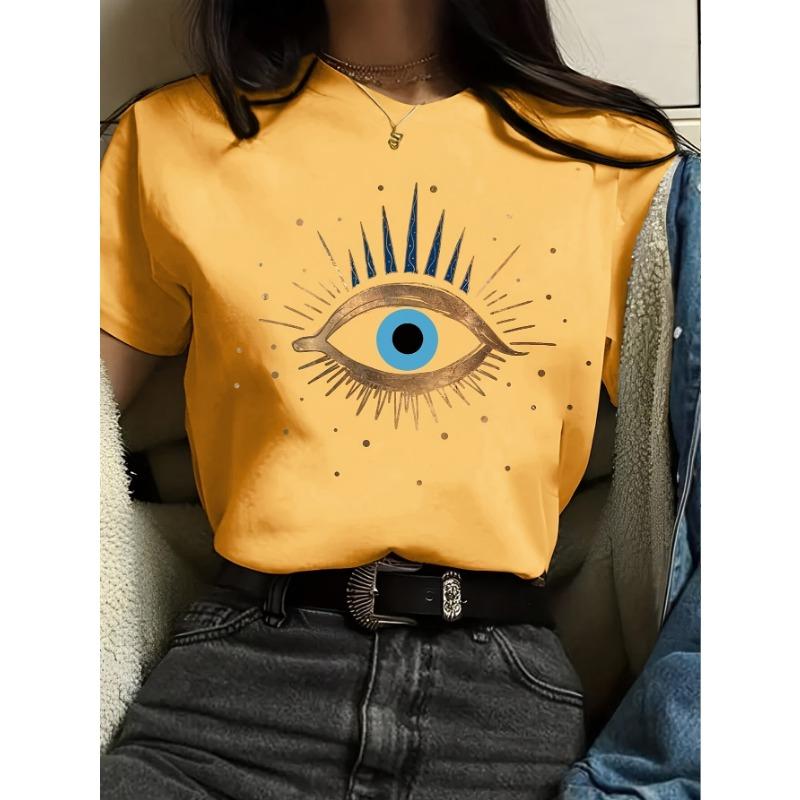 

Solid color women s eye print short sleeved T-shirt S