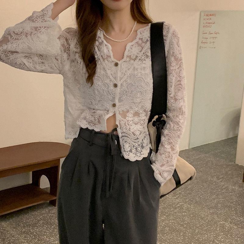 No Inner Wear French Style Lace Cardigan Women Summer New Arrival V Neck Elegant Slim Fit Sheer Outerwear Top With Flare Sleeves