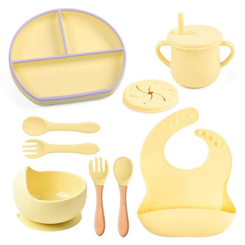 9 Pcs Baby Silicone Bib Divided Dinner Plate Sucker Bowl Spoon Fork Straw Cup Set Training Feeding Food Utensil Dishes