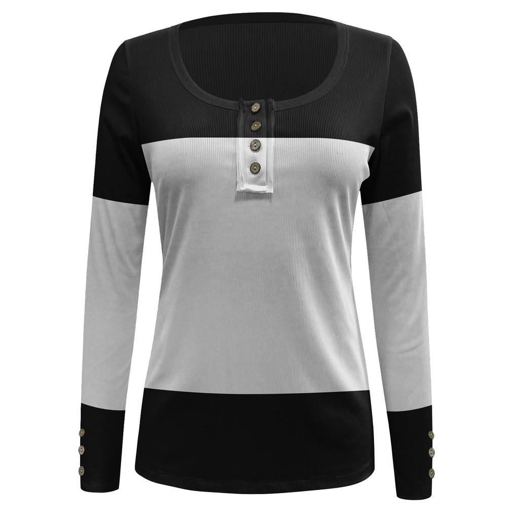 Women's Gradient Color T-shirt Round Neck Pullover Button Long Sleeve Fashion Slim Top