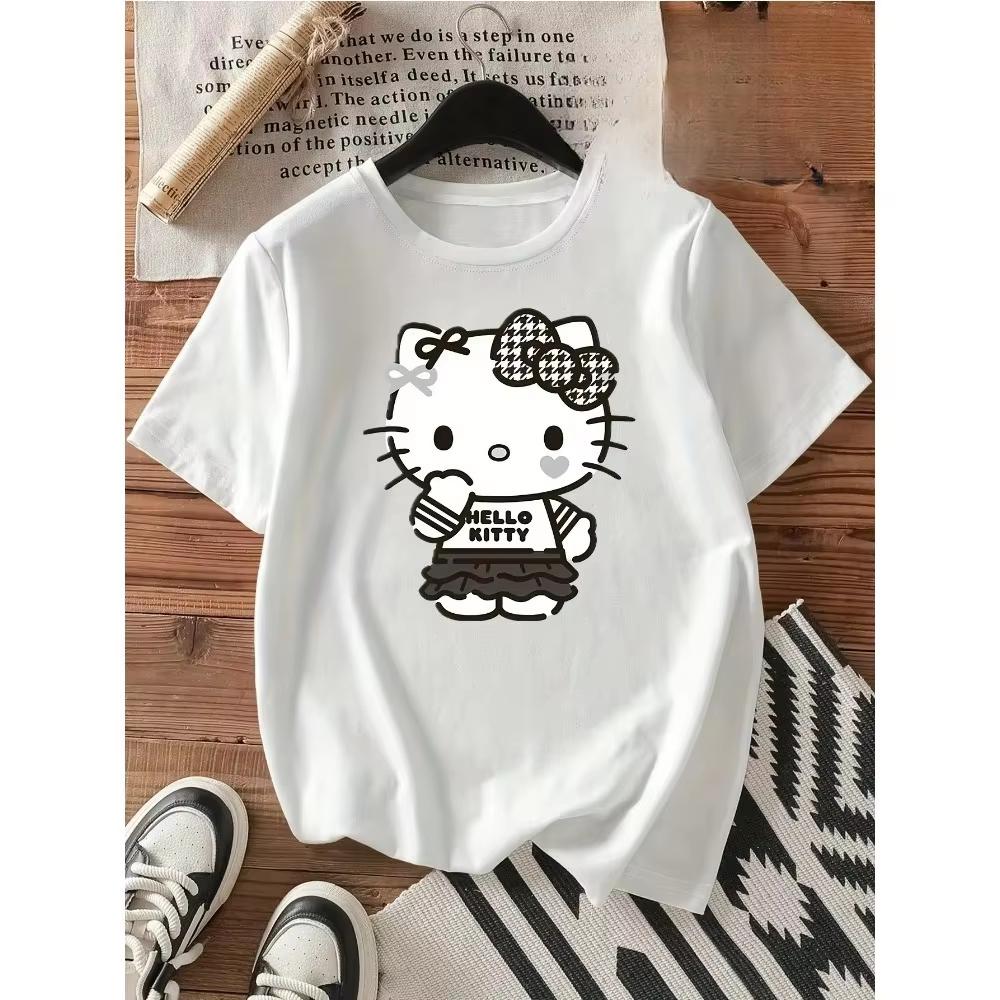 

2026 Summer HelloKitty Cartoon Graphic Tee Casual Short Sleeve Cotton Tops for Adults Kids Lovely Kawaii Streetwear Style S