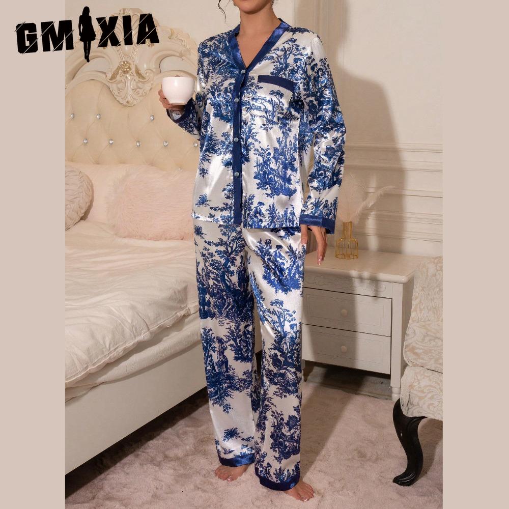 

GMXIA Пижама Модный Принт Тушью Кардиган С Длинным Рукавом Брюки Можно Носить На Улицу Домашняя Одежда Женская Одежда из Двух Предметов XL синий