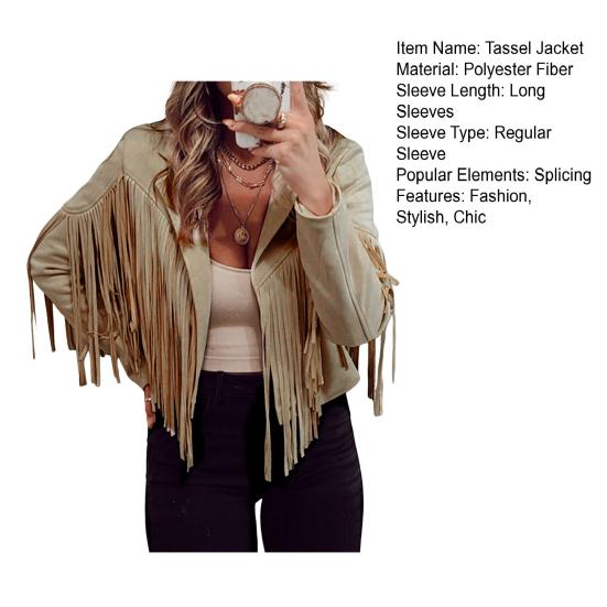 Women's Casual Tassel Jacket Long Sleeve Lapel Fringed Cropped Coat Faux Suede Motorcycle Outwear for Spring Autumn