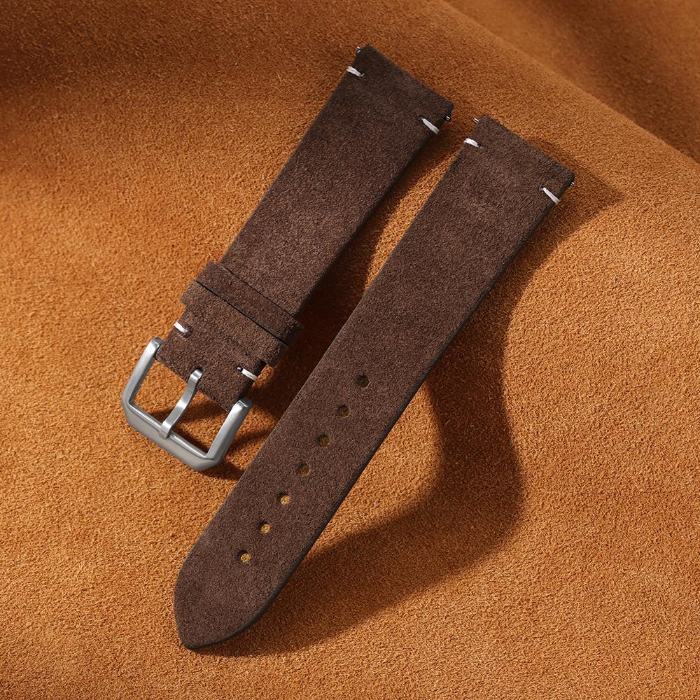 Suede Leather Watch Strap 20 22mm for Samsung Watch6/5/4 Soft Calfskin Bracelet Quick Release Band Handmade Stitching Wristband
