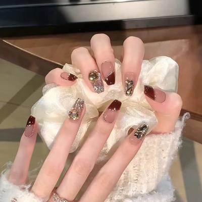 24 Pieces Sense Manicure French Red Light Luxury Wearing Nail Champagne Flash Diamond Flash Powder Nail Piece