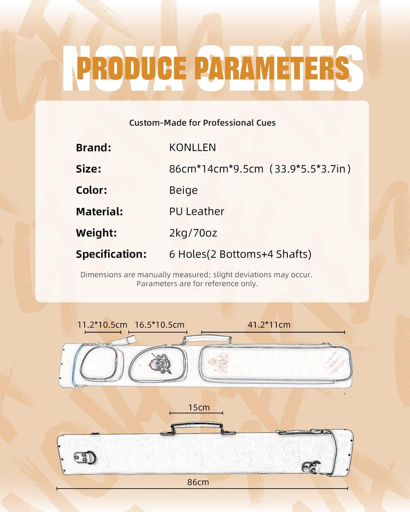 KONLLEN 2x4 Cue Case, Hard Case with Multi-Pockets, Holds 2 Butts and 4 Shafts, Billiard Cue Bag with Adjustable Shoulder Strap