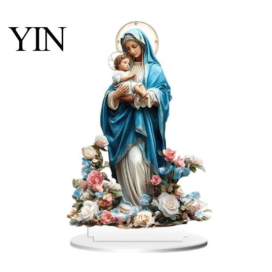 Decorative Desk Ornament Virgin And Angel Ornament, 2D Acrylic Religious with Faith Based Gift Item Base, Catholic Table Centerpiece, Christian