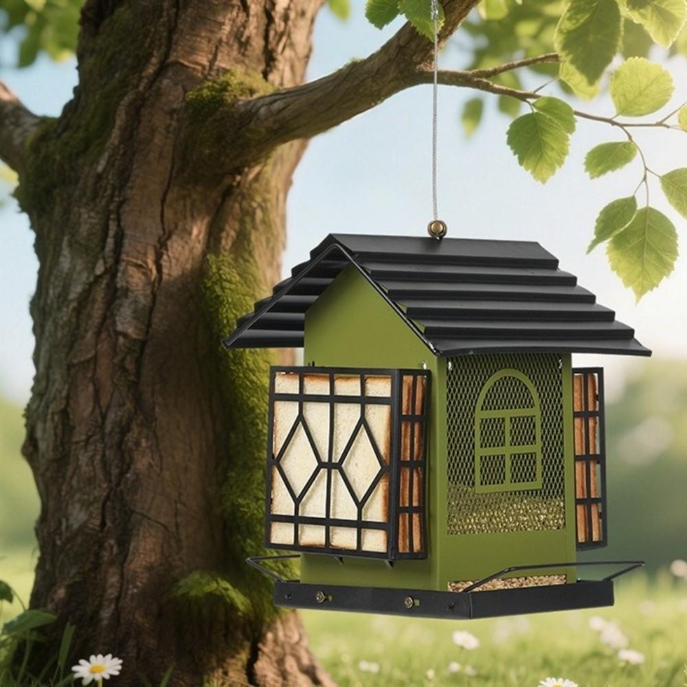 Large Capacity Hanging Bird Feeder Rustproof Weatherproof Parrot Feeding Station Squirrel Proof House Shape Metal Bird Feeder