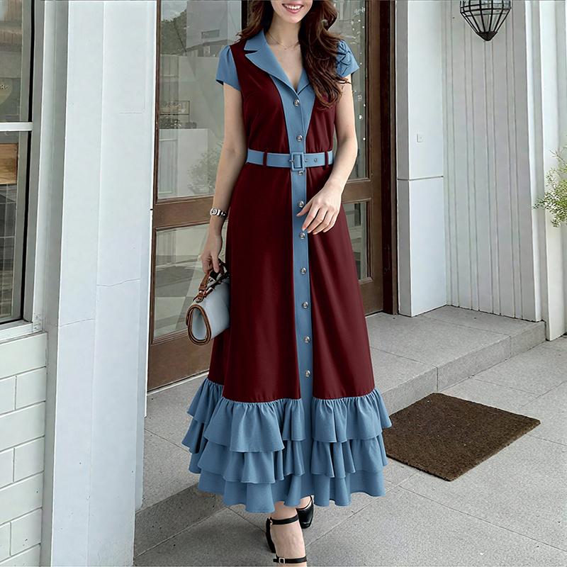 ZANZEA Damen Casual Umlegekragen Kurzarm Sommer Langes Kleid