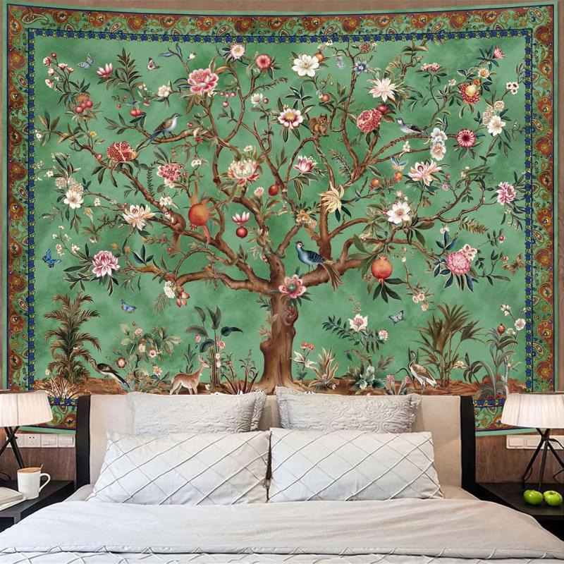 VIKAMA Bohemian Tree of Life Tapestry Vintage Floral and Animal Motifs Aesthetic Home Decor Suitable for Dorm Rooms