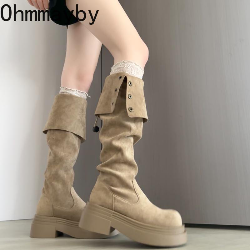 Vintage Platform Thick Heel Women Over The Knee High Boots Fashion Double Fold Wearing Mordern Long Botas Para Mujer