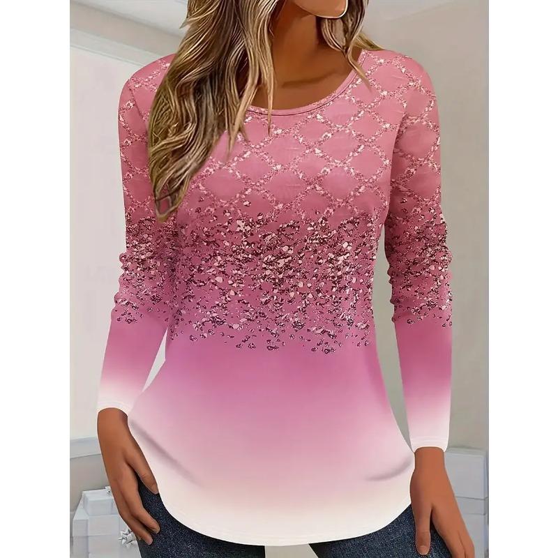 

Spring and Autumn Round Neck 3D Gradient Printed Top Fashionable Casual Elegant Long Sleeved Women s T-shirts 4XL