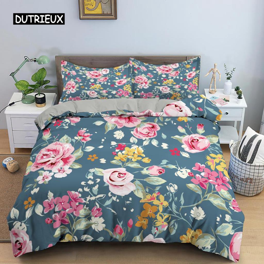 Flower Duvet Cover Set King Size Pink Flowers Green Leaves Pattern Quilt Cover for Teen Girl Microfiber Floral Theme Quilt Cover