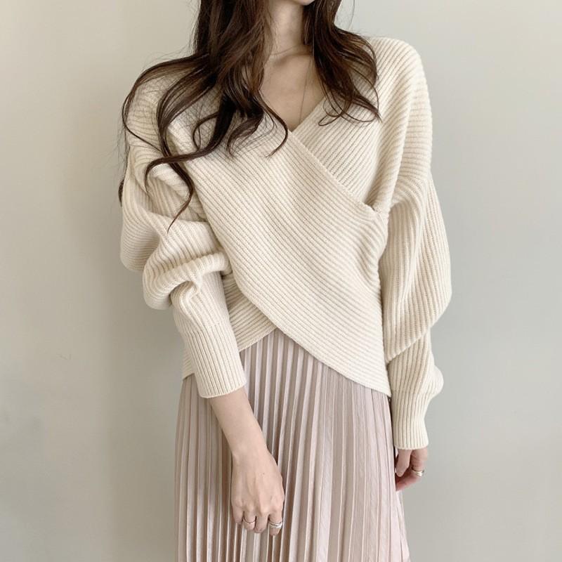 Women S Loose V Neck Cross Design Long Sleeve Knitted Sweater